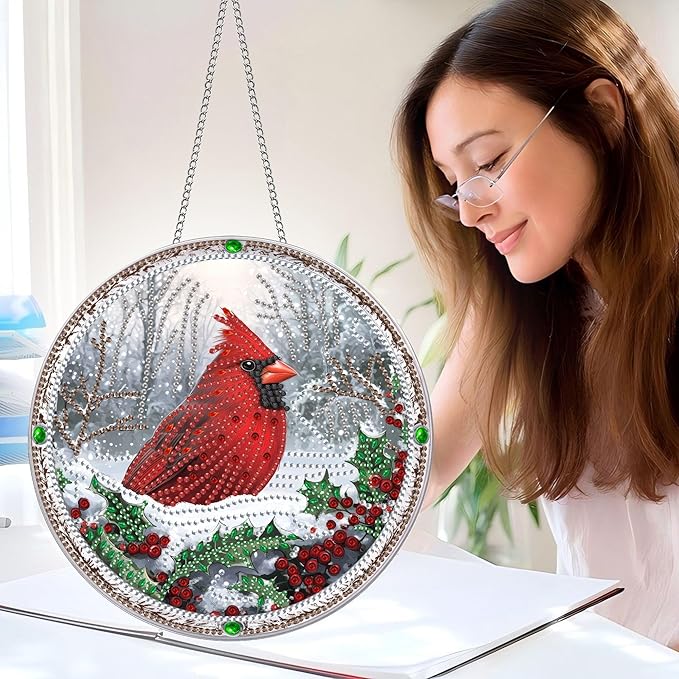 Pavemlo Hanging Diamond Art Kits for Adults Christmas Bird – 8x8 Inch Double-Sided Acrylic Board DIY Crystal Diamond Suncatcher Pendant, Sparkling Home Wall or Window Decoration Handmade Gift