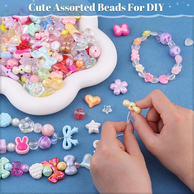 200-260pcs tinkrstuff assorted acrylic beads mixed colors cute beads for bracelet making, bow aesthetic gummybear flower butterfly kawaii charms for jewelry making diy necklace keychain phone charm