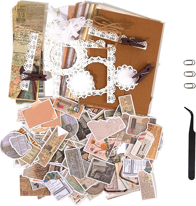 Flartmo 284 Pcs Complete Scrapbook Supplies Kit, Vintage Old Times Scrapbook Paper & Stickers, Junk Journal Scrapbooking Supplies Kit for Journaling, Scrapbooking Embellishments, Planner, Card