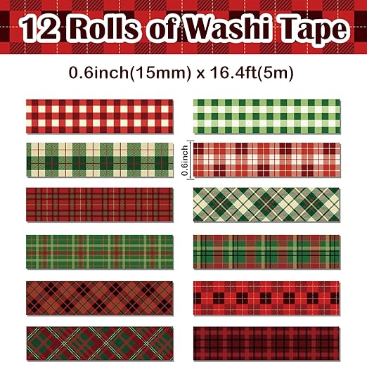 12 Rolls Basic Grid Washi Tape, Buffalo Plaid Red Black Green Holiday Masking Tapes, Plaid Decorative Tapes for Arts, DIY Crafts, Journals, Planners, Scrapbook, Wrapping 16.4FT