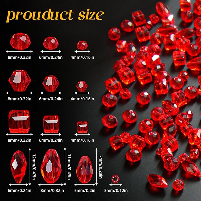 1500 Pcs Crystal Glass Beads for Jewelry Making – 12 Styles Bicone, Rondelle, Cube, Teardrop & 3mm Spacer Beads, DIY Bracelet Necklace Earring Craft Kit with Organizer Box(Red)