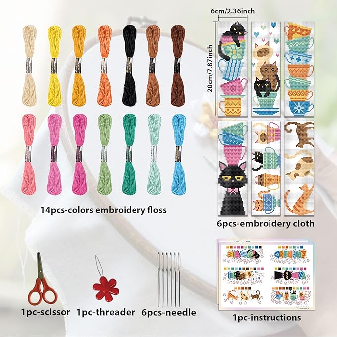ORIGACH 6 Pcs Cross Stitch Bookmark Kit for Beginner with Backing Felt Floss Instruction Cat Teacup DIY Stamped Embroidery Bookmark Kit for Starter Adults Book Lovers