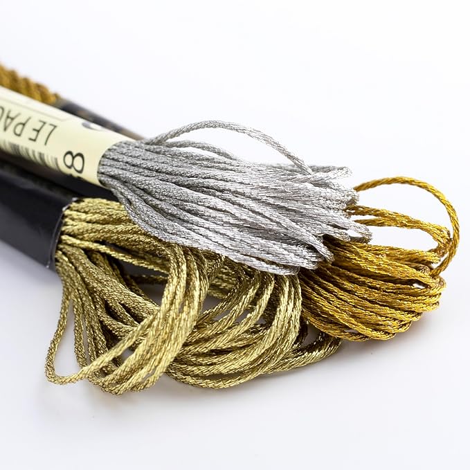3 Skeins Metallic Embroidery Floss, Glitter Embroidery Thread String, Polyester Cross-Stitch Threads for Hand Embroidery, String Art, DIY Bracelet- Gold & Silver & Yellow