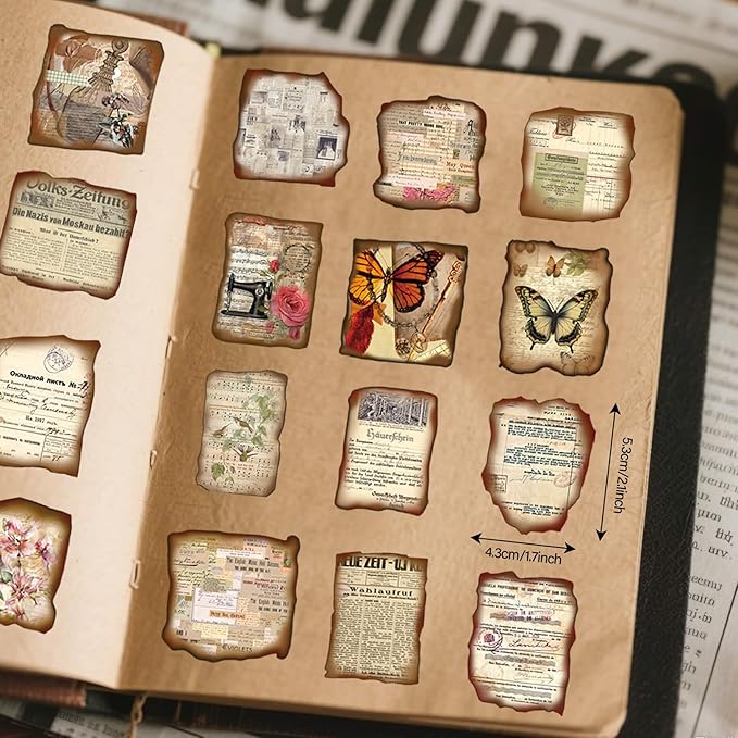 100 Pcs Vintage Journaling Stickers - Junk Journal Supplies with Antique Map Prints & Distressed Edges, Scrapbook Stickers for Planners, Ideal for Kids Teenagers Adults