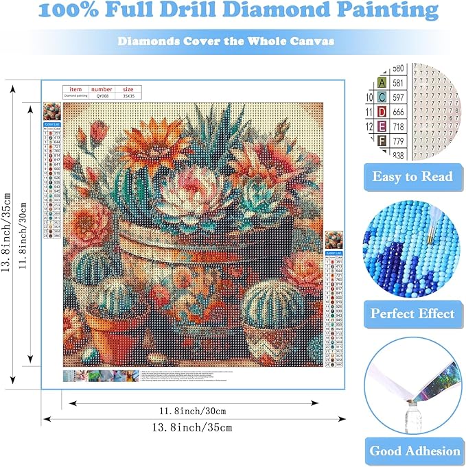 Succulent Diamond Art Kits for Adults, Cactus Diamond Painting for Beginners, Diamond Dot, Dimond Art Paintings Kit, Gem Painting Kit, Crafts for Adults, Crystal Art, Home Wall Decor Gifts (14x14inch)