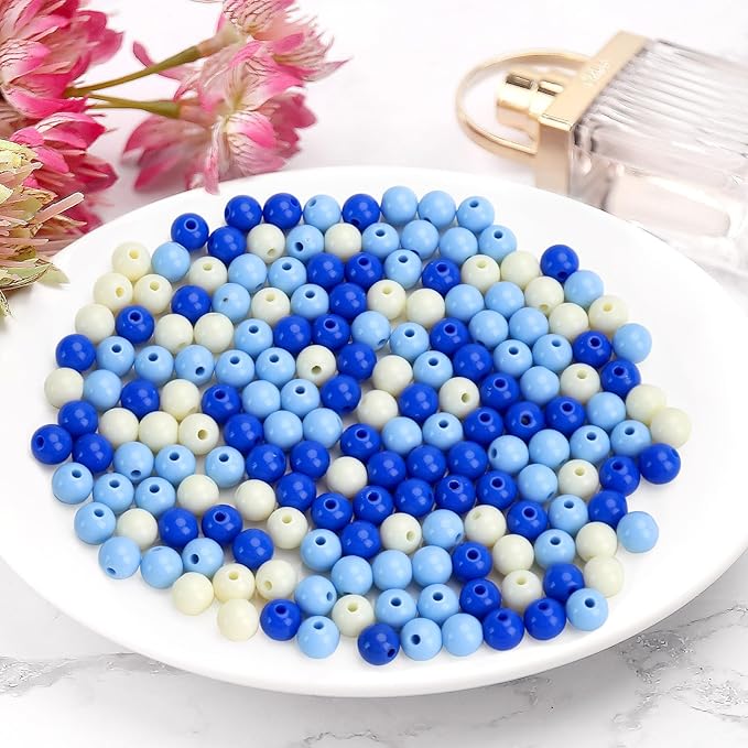 bonny boxx 200pcs 10mm mixed color acrylic round beads, assorted plastic loose gumball bubble gum beads bulk with hole for jewelry diy making crafting supplies (blue series)