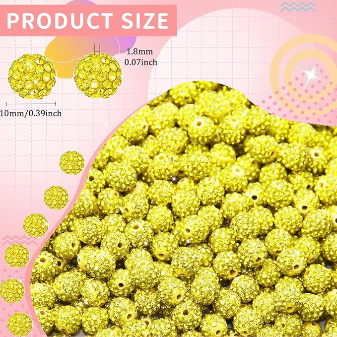 150 Pcs 10mm Rhinestone Beads for Jewelry Making, Yellow Shiny Round Shamballa Disco Baseball Necklace Beads Sparkle Crystal Clay Pave Rhinestones Bead for DIY Bracelet Earring Craft Making Supplies