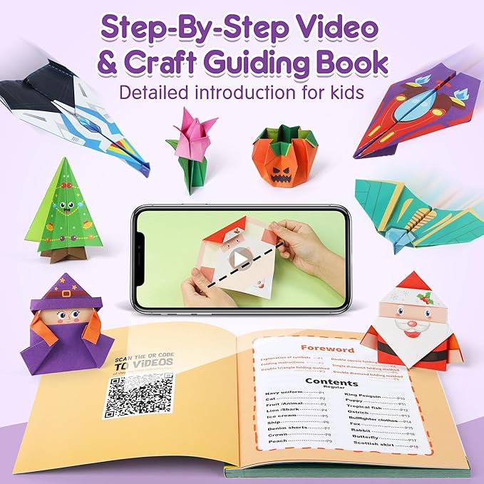 Mocoosy 320 Sheets Origami Kit for Kids Ages 5-8 9-12, Paper Airplane Kit, Folding Paper Set with Origami Book, Art & Craft for Boys Girls, Travel Game Airplane Car Road Trip Activity Toy Easter Gifts