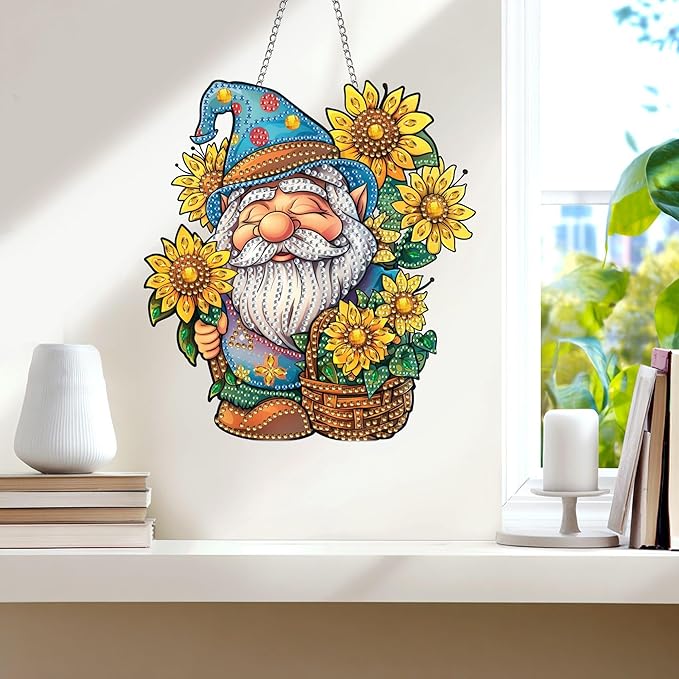 Wergund 5D DIY Gnome Diamond Art Hanging Kits, Hanging Diamond Art Sunflower, Acrylic Special Shaped Rhinestone, Window Hanging Pendants for Home Wall Garden Front Door Outdoor Decor Gift(Gnome)