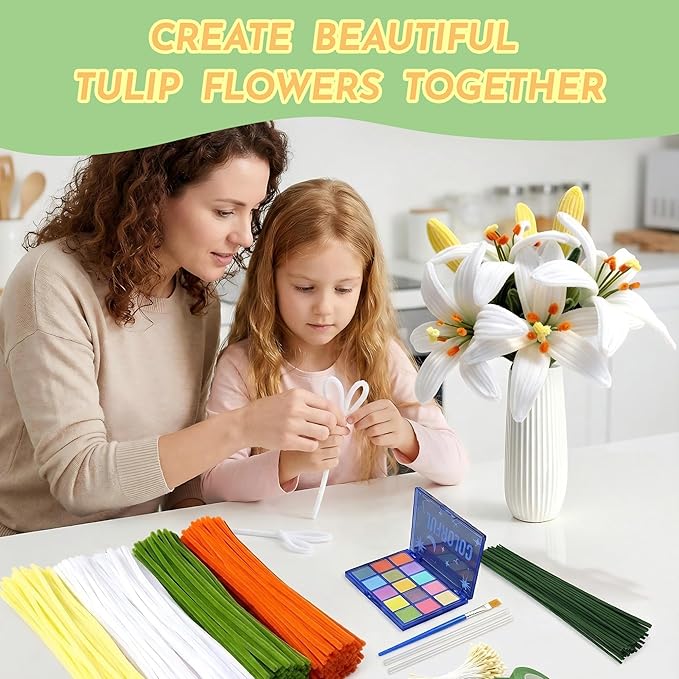 500 Pcs Pipe Cleaners Craft Bulk,4 Assorted Colors Chenille Stems for DIY Flower Making Kit with Floral Wire, Gardening Tape, Stamen & Ribbon, Pipe Cleaners Flowers, Arts and Craft Supplies for Kids
