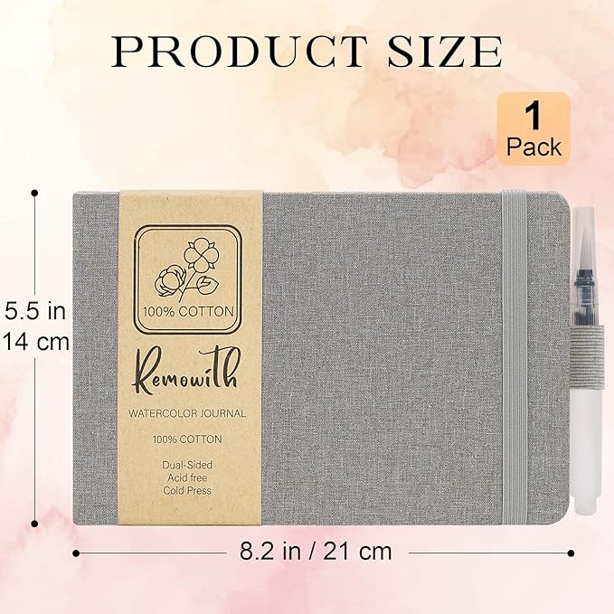 Watercolor Journal Sketchbook, 5.5" x 8.2" Sketch Books Artist Cotton Watercolor Paper Notebook, Linen Cover with Tap Water Pen, 24 Sheets 140 LB, 300 GSM for Travel Sketching On The Go Art