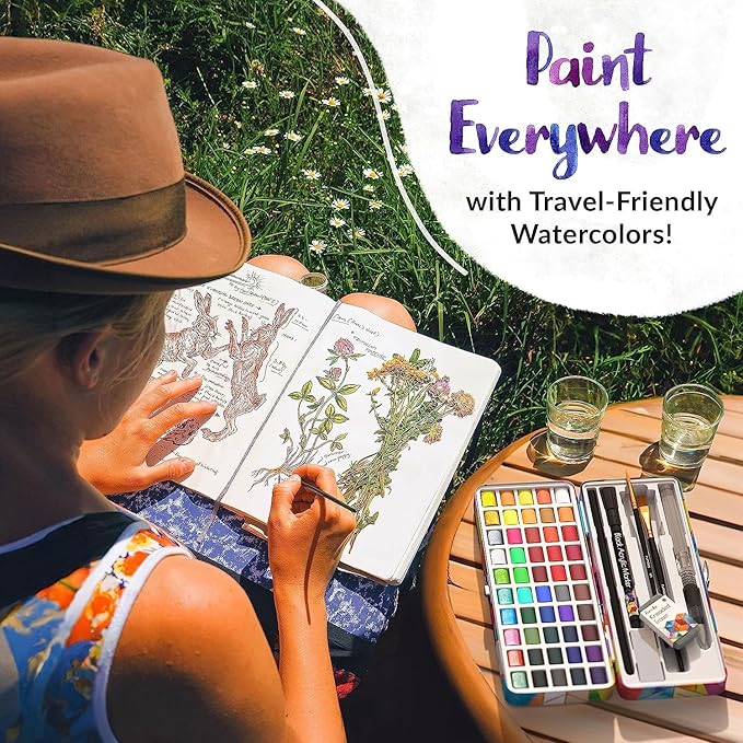 Watercolor Paint Set - 50 Travel Watercolors Set - Water Colors Paint for Adult, Beginners, Professional Artists | Watercolor Palette with Paper, Brush, Pen | Art Supplies for Adults