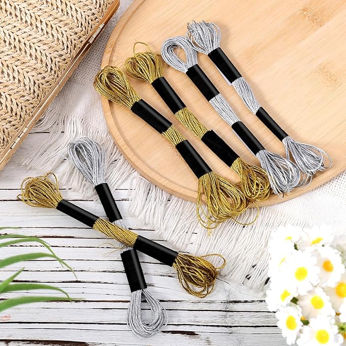 6 Skeins Embroidery Threads, Metallic Embroidery Floss Friendship Bracelet Cross Stitch Thread for Sewing Making Yarn Accessories Craft String Art Supplies (Gold + Silver)