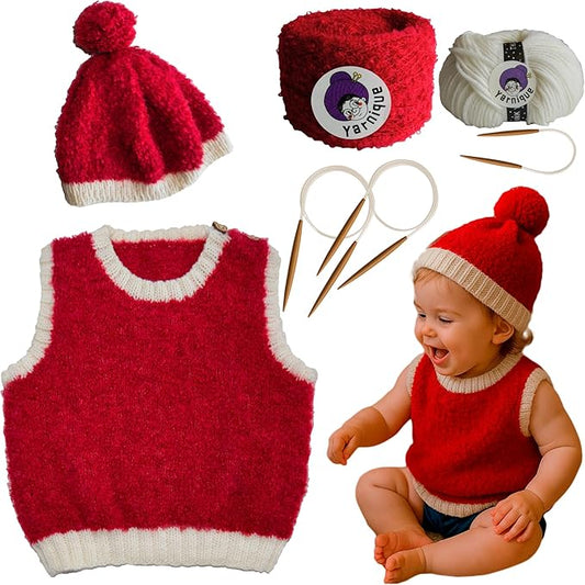 yarnique learn to knit kit for beginners - complete baby knitting kit with italian boucle & merino wool - beginner knitting kit for adults moms - diy baby vest & hat starter set with video tutorials