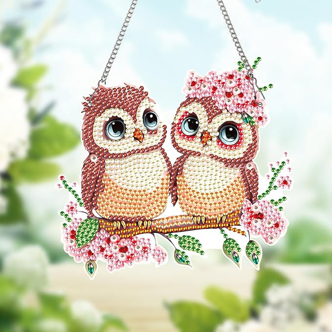 AiYuanzsh Owl Couple Diamond Art Hanging Ornament, 5D DIY Special Shape Diamond Painting Suncatcher Kit for Adults, Handmade Mosaic by Number Pendant Gift for Valentine’s Day