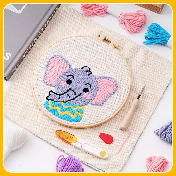 Pllieay 4 Sets Punch Needle Kits, Punch Needle Embroidery Kits for Beginner with Animal Pattern, Punch Needle Tool Including Pre-Printed Cloth, Punch Needle, Hoops and Yarns