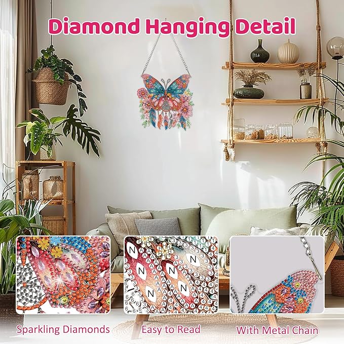 MEIYUDA Butterfly Diamond Art Hanging Kits for Adult, Butterfly Dreamcatcher Diamond Painting Hanging Kits Ornament, DIY Special Shaped Rhinestone Window Pendant Kit for Home Garden Wall Decor Gift