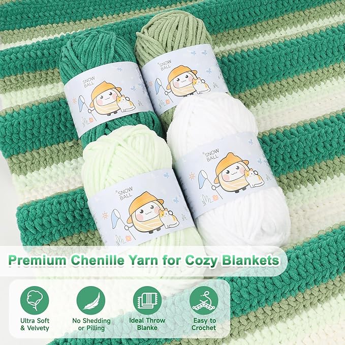 Reessy Crochet Blanket Kit for Beginners Adults – Gradient Green Ombre Throw Blanket Kit with Soft Chenille Yarn, Hooks & Instructions – Handmade Crochet Starter Set for Adults