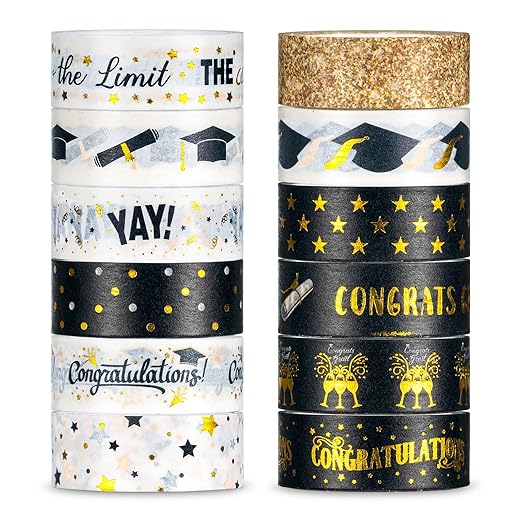 Whaline 12 Rolls Graduation Washi Tape Black Foil Gold 2025 Grad Washi Masking Tape Grad Cap Congratulations Decorative Paper Sticker for Graduation Scrapbook DIY Art Crafts Gift Wrapping
