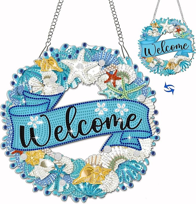 Muzagroo Art Welcome Sign Diamond Art Kits for Adults, 5D Diamond Hanging Ornament Kits for Front Door, DIY Special Shaped Diamond Dot Kits, Home Porch Crystal Hanging Pendant Ornament (Welcome)