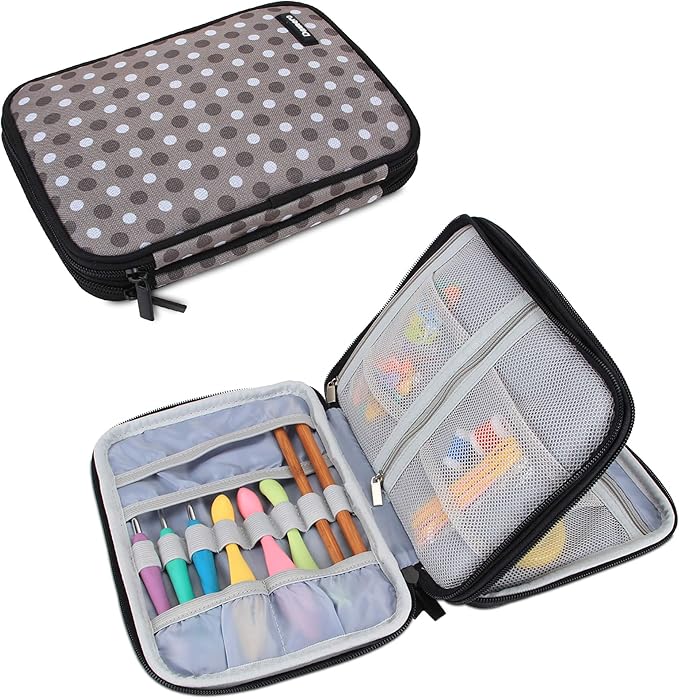 Damero Crochet Hook Case, Travel Storage Bag for Swing Crochet Hooks, Lighted Hooks, Needles(Up to 8'') and Accessories, Large, Gray Dots (No Accessories Included)