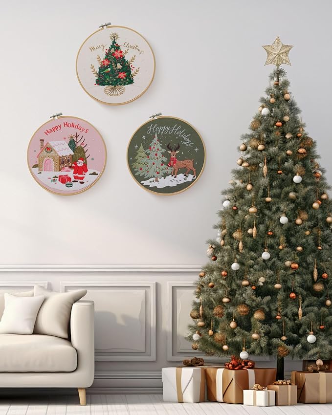 Santune Embroidery Kit - 3pcs Christmas Embroidery Patterns for Beginners with Instructions Cross Stitch Kits for Adults with 1 Embroidery Hoops, Color Threads and Needles, Good Hobbies for Women