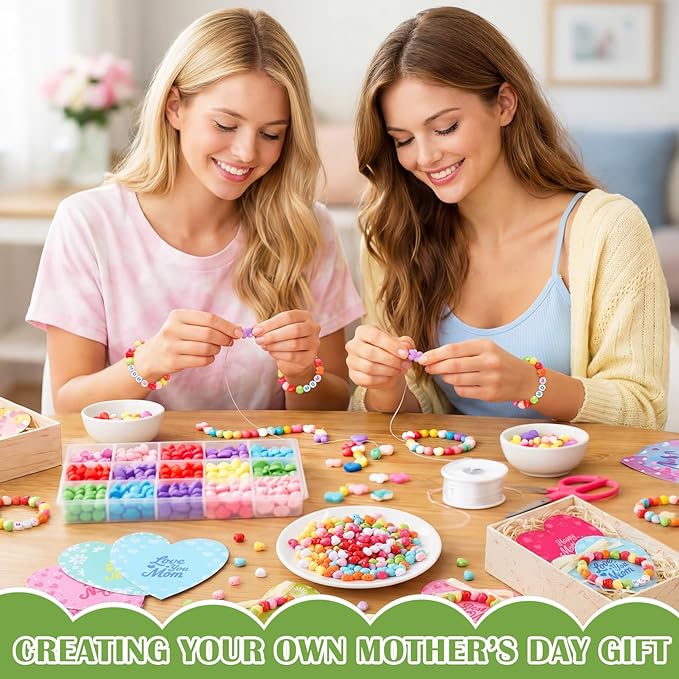 Kigeli 24 Pcs Mother's Day Craft Jewelry Bracelet Making Kit with Heart Beads, Mom Letter Beads, Organza Bags, Ribbon, Elastic Cord & Cards for DIY Bracelets