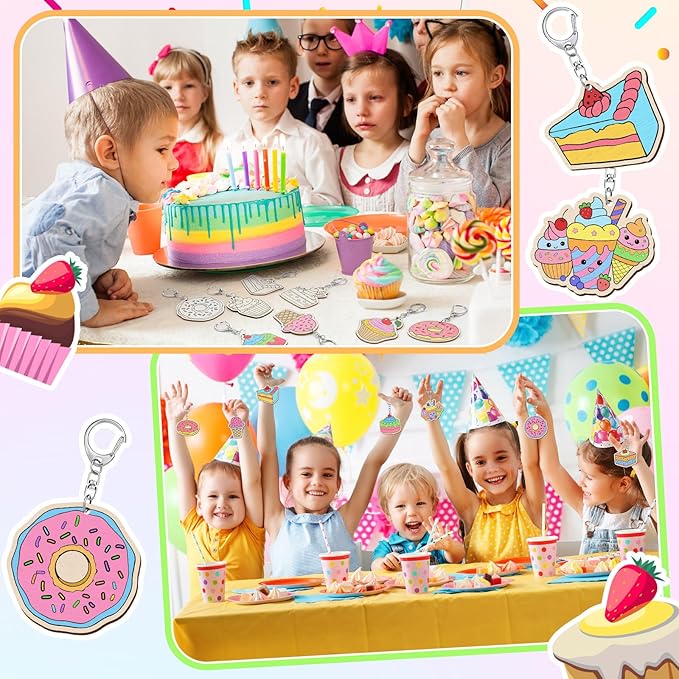 Trnayi 36 Pcs Dessert Craft Color Your Own Sweet Treat Keychains Unfinished DIY Coloring Ice Cream Wooden Donut Cupcake Crafts Blank Wood Painting Kits for Summer Art Donut Party Favors