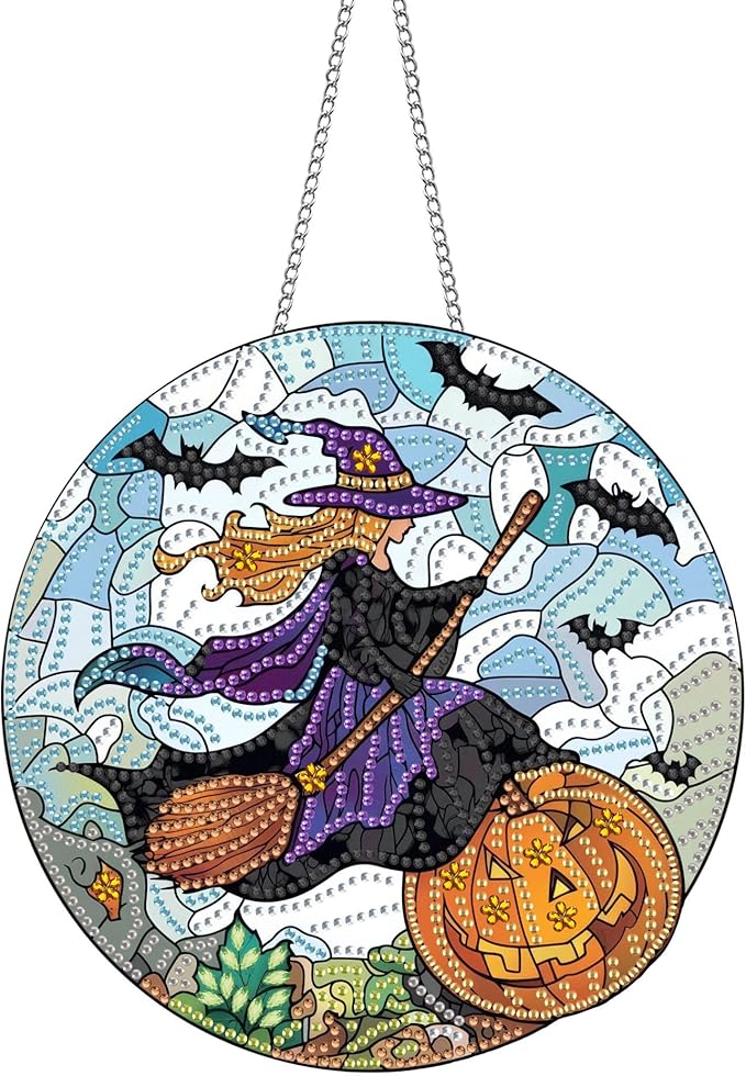 Pavemlo Hanging Diamond Art Kits for Adults Halloween Witch – 8x8 Inch Double-Sided Acrylic Board DIY Crystal Diamond Suncatcher Pendant, Sparkling Home Wall or Window Decoration Handmade Gift