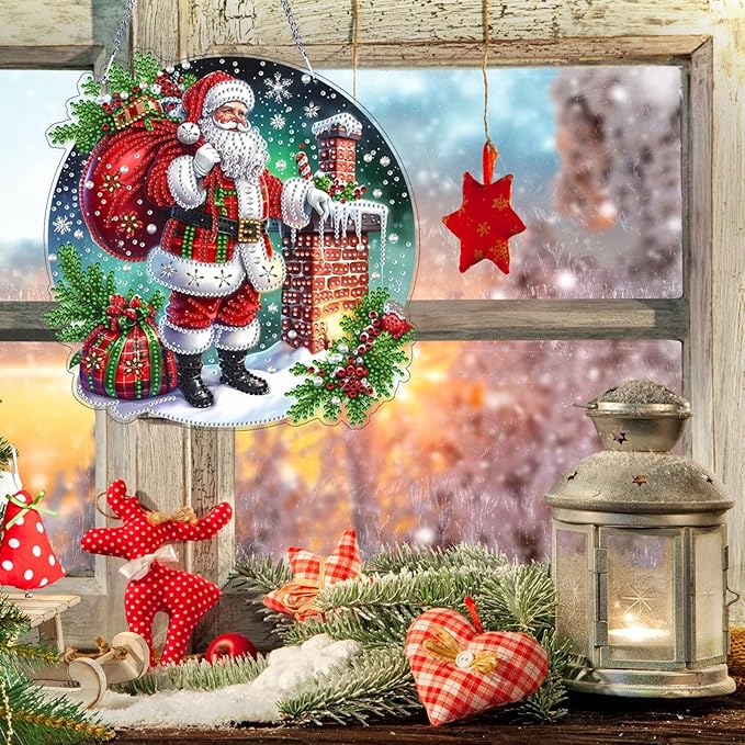 VODAPYC Christmas Diamond Art Hanging Kit for Adults, DIY Double Sided Special Shaped Diamonds Art Window Pendant Ornament for Home Decor(Santa Claus-2)