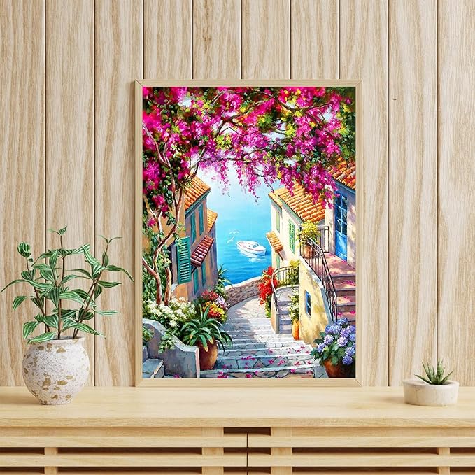 WUDWL Diamond Art Kits for Adults Beginner, Seaside Town DIY Modern Diamond Painting Kits 5D Diamond Dots Gem Art Crafts with Tools,Round Full Drill Funny Crafts for Home Wall Decor&Gift-12x16inch