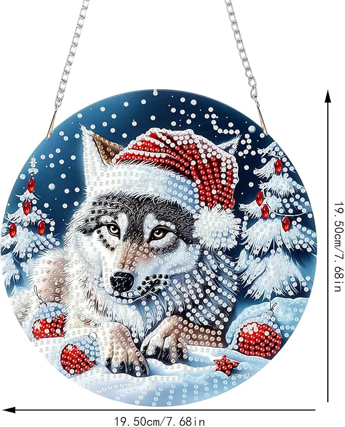 SENQAO Christmas Diamond Art Hanging Kits for Adults Kids, Wolf Diamond Art Suncatchers, 5D Special Shape Diamond Painting Pendant Window Ornament Gifts for Home Door Wall Decor