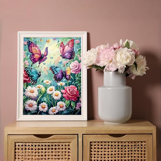 Diamond Art Kits for Adults Flower Butterfly, DIY 5D Diamond Painting Kit for Beginners Spring, Full Round Drill Gem Art Dots for Adults, Diamond Dots Paintings Crafts Home Wall Decor 12X16 Inch