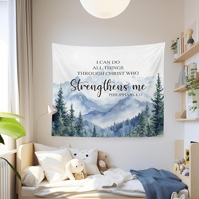 MNASAIOO Christian Mountian Woods Wall Tapestry Hanging for Bedroom, Bible Verse Scripture I can Do All Things through Christ Tapestries, Watercolor Wall Decor for Living Prayer Room Church 50x60in