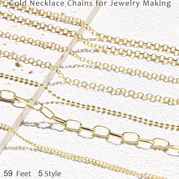 Gold Necklace Chains for Jewelry Making, 59 Feet 5 Style Necklace Jewelry Chains for DIY Necklaces Bracelets Anklet Craft Making Supplies with Jump Rings Lobster Clasp Connectors Soft Tape Measure