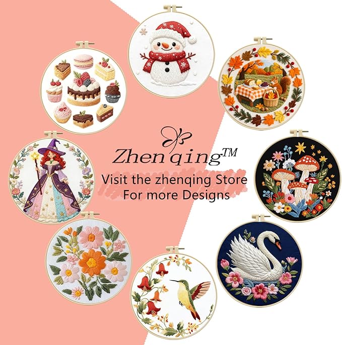Zhenqing 3 Gnomes Embroidery Kit for Beginners - 29x29cm Printed Fabric, Hoop & Full Tools Included (C0028)