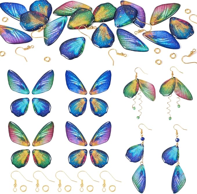 FASHEWELRY 16Pcs Resin Fairy Wings Earring Charms Dark Blue Green Butterfly Wing Pendants Opaque Insect Feather Charms with Jump Rings Earrings Hooks for DIY Earring Jewelry Making