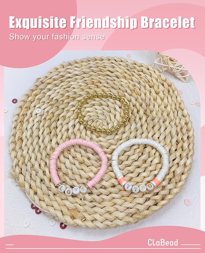ClaBead Bracelet Making Kit - 3200Pcs Clay Beads With Gold and Letter Beads for Friendship Bracelets (Cute Pink)