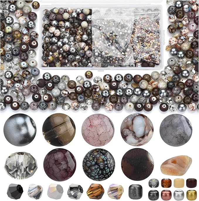Rired 27 Craft Beads Bracelet Making Kit, 900pcs Grey Beads Include Assorted Glass Beads, Bicone Beads, Spacer Seed Beads for Jewelry Making, Necklace, Phone Charms and DIY Earrings