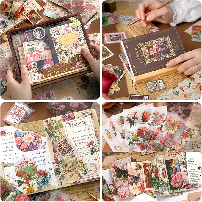 Scrapbook Supplies Kit, Cottagecore Aesthetic Junk Journal Kit, Scrapbooking Kit with Bullet Journaling Stickers, Stationary Set, Vintage Ephemera Collage Craft Supplies Gift for Adults Women Beginner