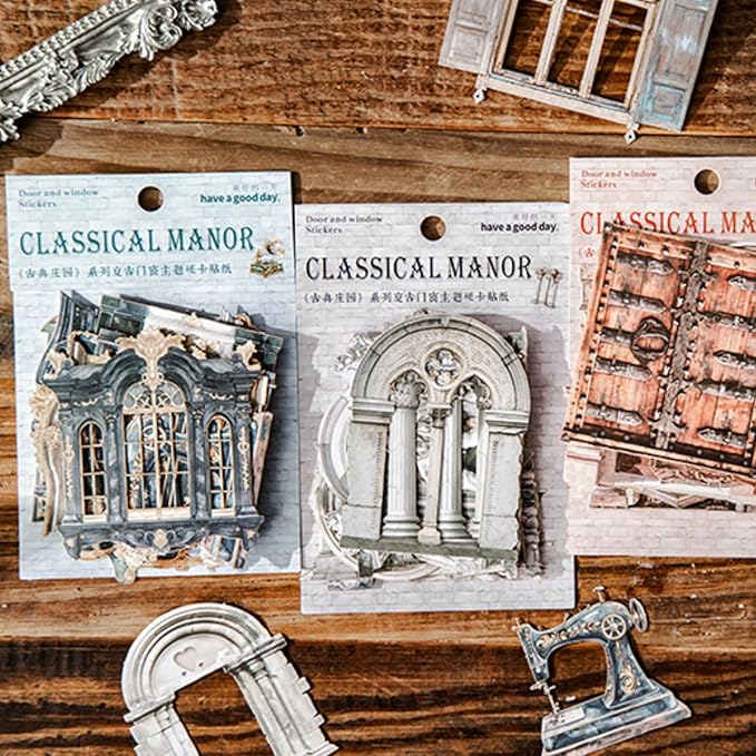 80 PCS Vintage Textured Hard Card Hollowed Door and Window Scrapbook Stickers, Aesthetic Decorative Frame Stickers for DIY Diary Junk Journal Handbook Journaling Scrapbooking Supplies Kit Pop-up