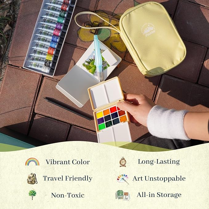 Funto Mini Watercolor Travel Set, 12-Color Refillable Travel Art Kit, All-in-One Mini Paint Supplies with Bag, Art Craft for All, Portable Water Color Paint for Beginners, lovers and Artists