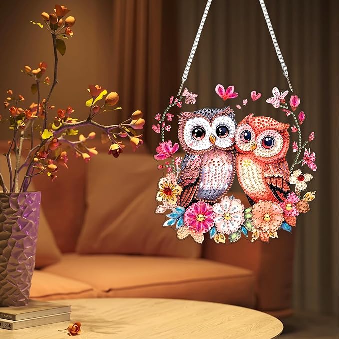 Lxmsja DIY Two Owls Diamond Painting Hanging Ornament, Double-Sided Acrylic Flowers Tree Branch Diamond Art Kit, Special Shaped Suncatcher Hanging Pendant Window Art Kit 8x8 inch