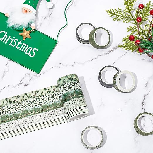 Whaline 12 Rolls Green Forest Washi Tape Watercolor Greenery Holiday Masking Tape Woodland Green Tree Plants Pattern Washi Tape for Scrapbook Journal DIY Craft Gift Wrapping