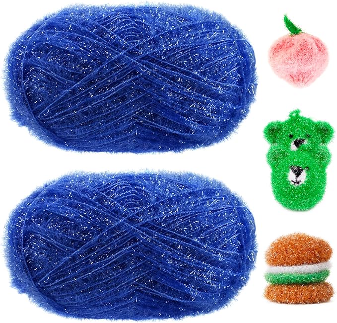 JeogYong Scrubby Yarn 2 Skeins (2 x 100g, 2 x 218yd) Scrubby Sparkle Yarn, Fluffy Polyester Scrubbie Crochet String for Crocheting Knitting Dishcloths Washcloths DIY Projects