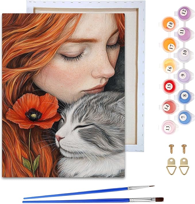 Reofrey Framed Paint by Numbers Kit for Adults & Beginner - 8x12 Inch Canvas Cat Animal Paint by Numbers - Educational & Creative Art Set for Beginners - Perfect for Home Wall Decoration C2049