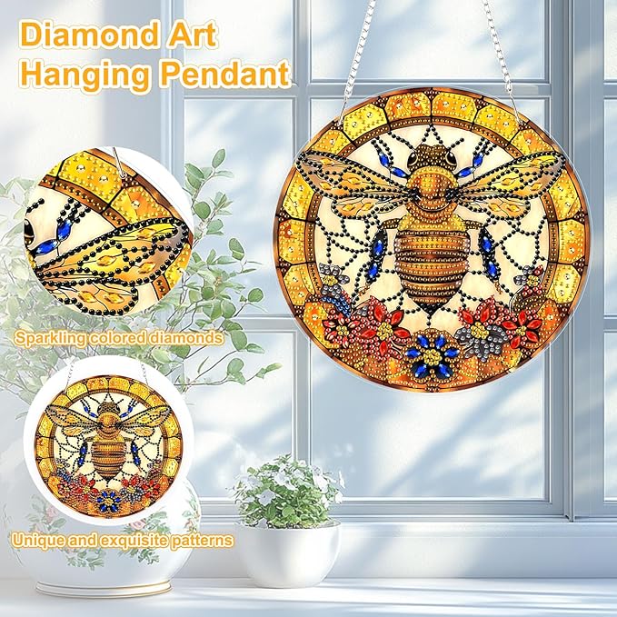 TOSTOG Diamond Art Hanging Kits for Adults, 5D Diamond Painting for Adults Window Pendant, Special Shape Diamonds DIY Bee Flowers Diamond Painting Hanging Pendant Kit for Wall Decor Gift