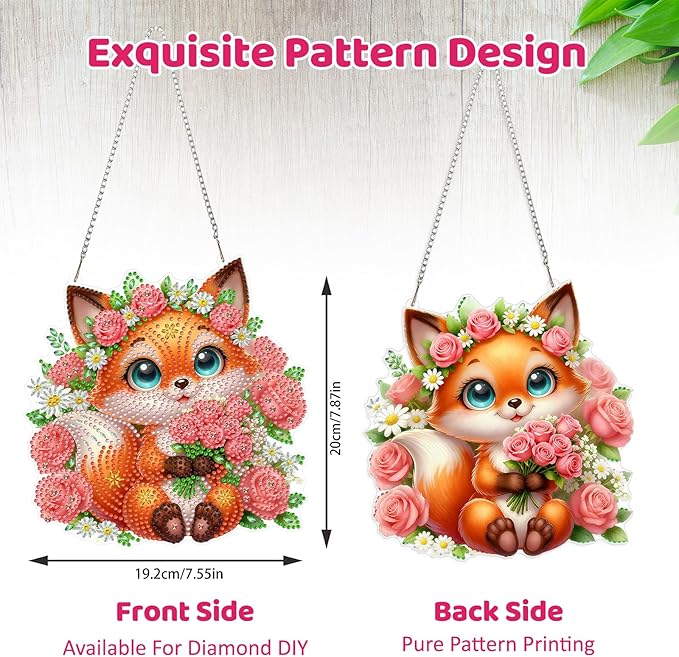 MEIYUDA Fox Diamond Art Hanging Kits for Adult, Flowers Fox Diamond Painting Hanging Kits Ornaments, Animals DIY Special Shaped Rhinestone Window Pendants kit for Home Garden Wall Decor Gift