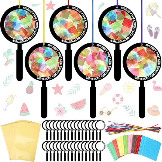 Motipuns 32 Sets Magnify Suncatchers Craft Kits DIY Magnifying Glass Shape Church Christian Religious VBS Craft Stained Glass Effect Tissue Paper Kit for Sunday School Resurrection Window Art