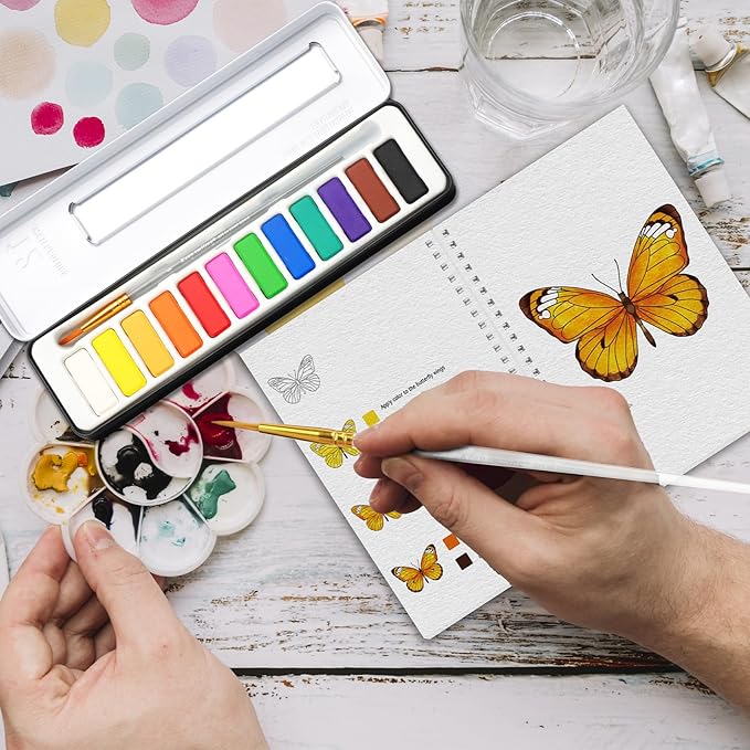 APOLYONE 2-Pack Beginner Watercolor Workbooks: 24 Coloring Pages + 12 Watercolor Paints + Brush – 300gsm/140lb Paper – Gift for Women, Adults & Beginners (Autumn & Kitchen)